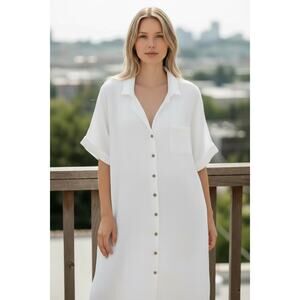 LUDOVICA Cotton Dress Size L White Shirt Dress Button Up Keyhole Back